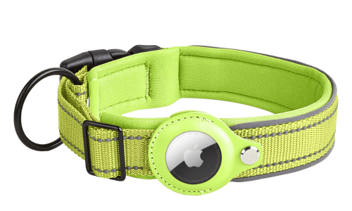 Grüne reflektierende Hundemarke mit Airtag-Halter, verstellbar, leichtes Nylon, für Hundeverfolgung und Sichtbarkeit.