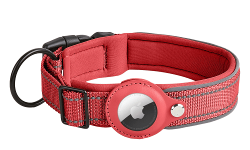 Rote reflektierende Hundemarke mit Airtag-Halter, verstellbar, leichtes Nylon, für Hundeverfolgung und Sichtbarkeit.