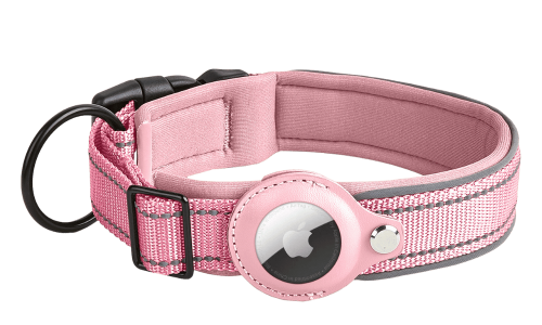 Helles rosa reflektierende Hundemarke mit Airtag-Halter, verstellbar, leichtes Nylon, für Hundeverfolgung und Sichtbarkeit.