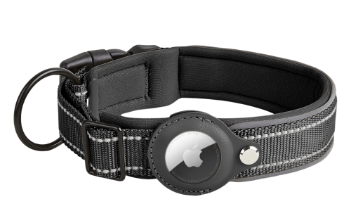 Schwarze reflektierende Hundemarke mit Airtag-Halter, verstellbar, leichtes Nylon, für Hundeverfolgung und Sichtbarkeit.