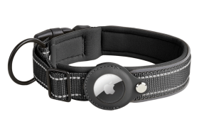Schwarze reflektierende Hundemarke mit Airtag-Halter, verstellbar, leichtes Nylon, für Hundeverfolgung und Sichtbarkeit.