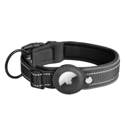 Schwarze reflektierende Hundemarke mit Airtag-Halter, verstellbar, leichtes Nylon, für Hundeverfolgung und Sichtbarkeit.