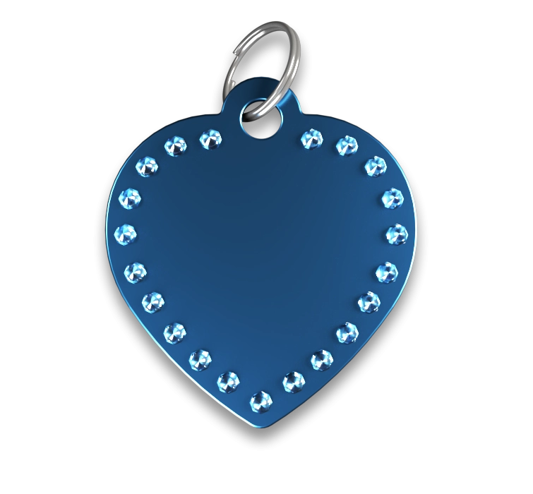 Hundemarke Herz Luxus Blaue Luxus-Hundemarke in Herzform mit Strasssteinen und silbernem Ring, personalisierbar mit graviertem Namen.