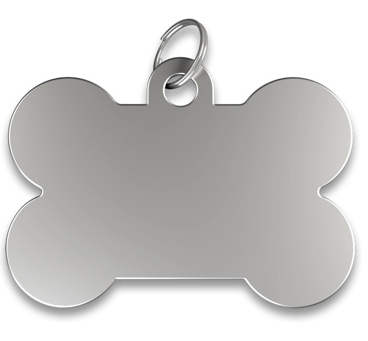 Hundemarke Knochen Silberne, knochenförmige Hundemarke mit glatter Oberfläche und silbernem Ring, personalisierbar mit graviertem Namen.
