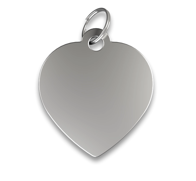 Hundemarke Herz Silberne, herzförmige Hundemarke mit glatter Oberfläche und silbernem Ring, personalisierbar mit graviertem Namen.