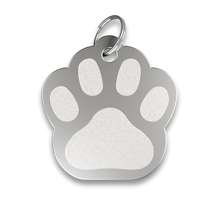 Hundemarke Pfote Silberne, pfotenförmige Hundemarke mit glatter Oberfläche und silbernem Ring, personalisierbar mit graviertem Namen.
