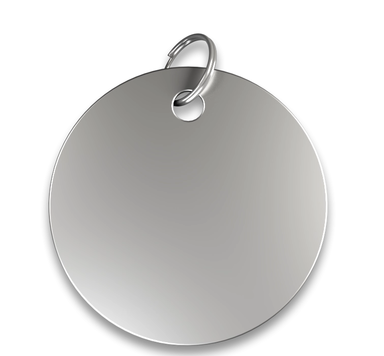 Hundemarke Rund Silberne, runde Hundemarke mit glatter Oberfläche und silbernem Ring, personalisierbar mit graviertem Namen.