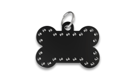 Schwarze Luxus-Hundemarke in Knochenform mit Strasssteinen und silbernem Ring, personalisierbar mit graviertem Namen.