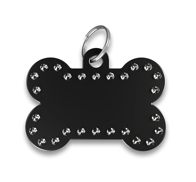 Hundemarke Knochen Luxus Schwarze Luxus-Hundemarke in Knochenform mit Strasssteinen und silbernem Ring, personalisierbar mit graviertem Namen.