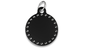 Schwarze Luxus-Hundemarke in C-Form mit Strasssteinen und silbernem Ring, personalisierbar mit graviertem Namen.