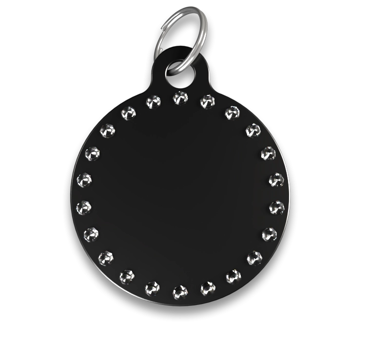 Hundemarke C-Rund Luxus Schwarze Luxus-Hundemarke in C-Form mit Strasssteinen und silbernem Ring, personalisierbar mit graviertem Namen.