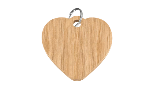 Holz-Hundemarke in Herzform, 38mm x 25mm, FSC-zertifiziertes Holz, mit silbernem Ring, personalisierbar mit Hundename.