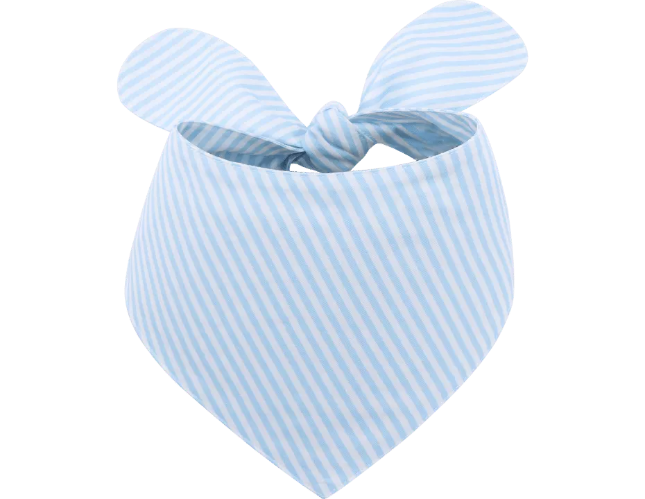 Personalisiertes stylisches Hundebandana mit gesticktem Namen Hellblaue und weiße gestreifte personalisierte Hundebandana mit Knotenbindung, individuell mit gesticktem Namen.