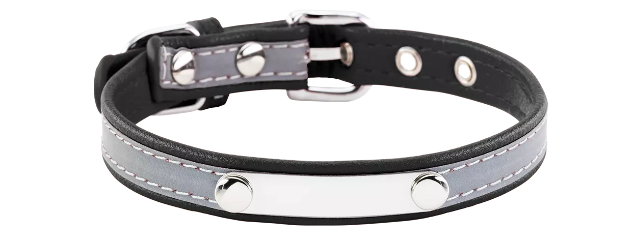 Reflektierendes Hundehalsband mit Gravur Reflexionsschwarzes Hundehalsband mit eingebauter ID-Platte für die Gravur des Hundenamens, aus echtem Leder.