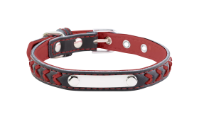 Geflochtenes Hundehalsband mit Gravur Geflochtenes rotes Hundehalsband mit eingebauter ID-Platte für die Gravur des Hundenamens, aus echtem Leder.