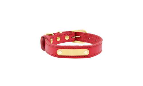 Luxus Hundehalsband aus echtem Leder in Rot mit eingebauter goldener ID-Platte zur Gravur des Hundenamens, 37-40 cm lang.
