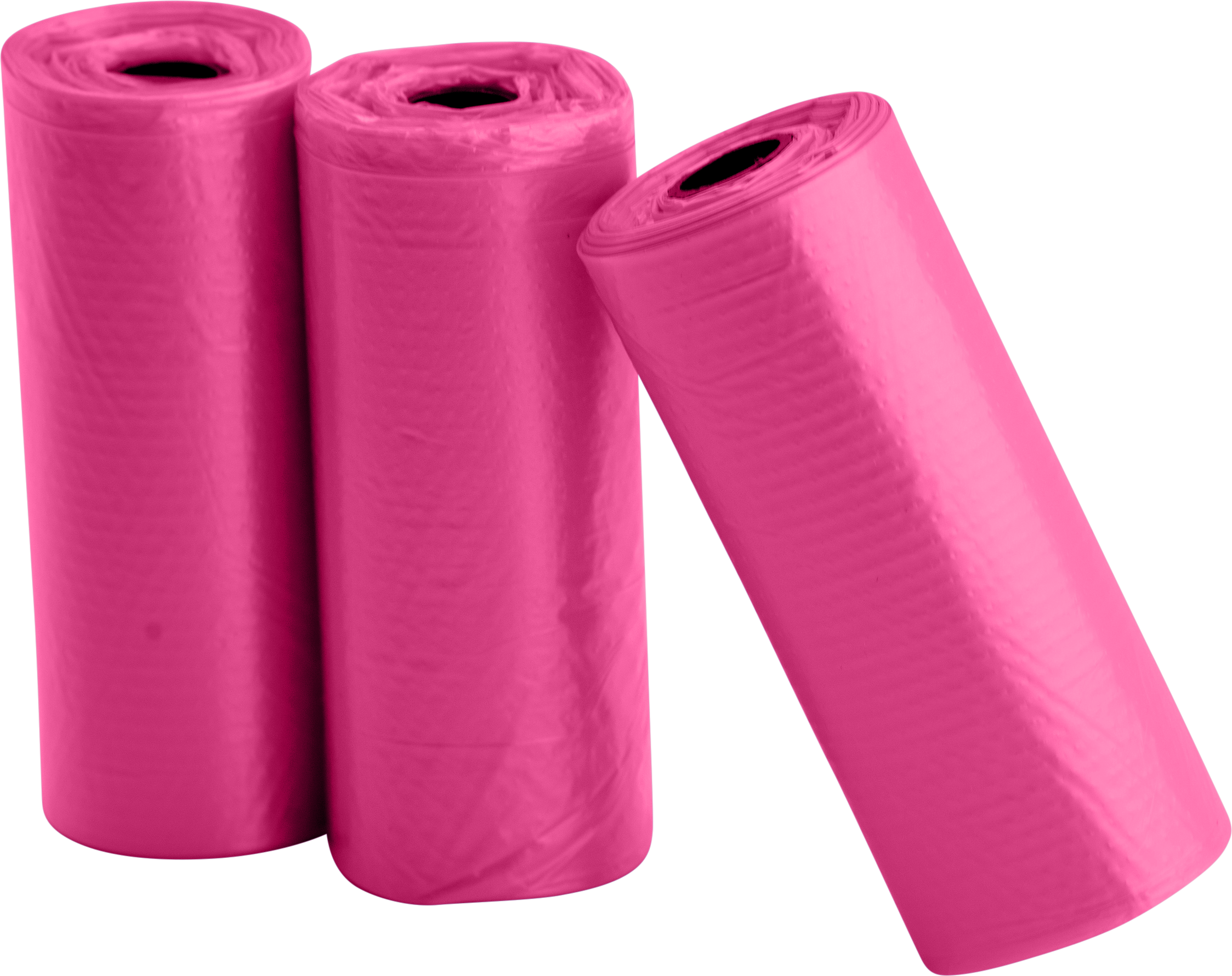 Hundekotbeutel Drei Rollen mit je 15 rosa Hundekotbeuteln, robust und auslaufsicher, ideal für saubere Entsorgung bei Spaziergängen.