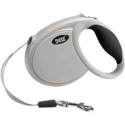 Graue ausziehbare Hundeleine mit ergonomischem schwarzen Griff, weichem Griff und Metallclip für sicheren Halt.