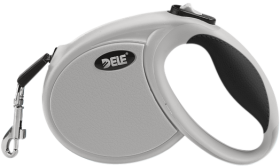 Einziehbare Hundeleine Graue ausziehbare Hundeleine mit ergonomischem schwarzen Griff, weichem Griff und robustem Clip für sicheren Halt.