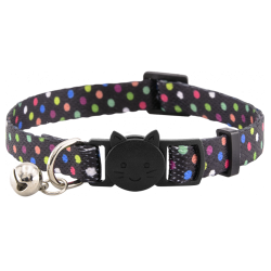 Schwarzes Sicherheits-Katzenhalsband mit Punkten und Glöckchen, verstellbar, leicht, sicher und stilvoll.