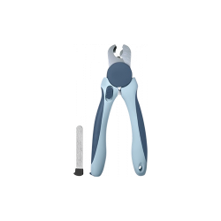 Blaue Hundekrallen-Schneider mit ergonomischen Griffen, Sicherheitsbügel und Metallfeile, geeignet für Hunde und Katzen.