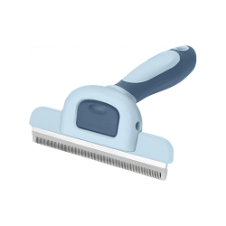 Blaue Hundepflegebürste mit feinen Metallzähnen und ergonomischem Griff, zum Entfernen von losem Fell.